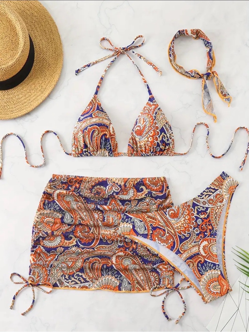 Paisley Print Triangle Bikini Set with Skirt Cover-Up - Orange & Blue